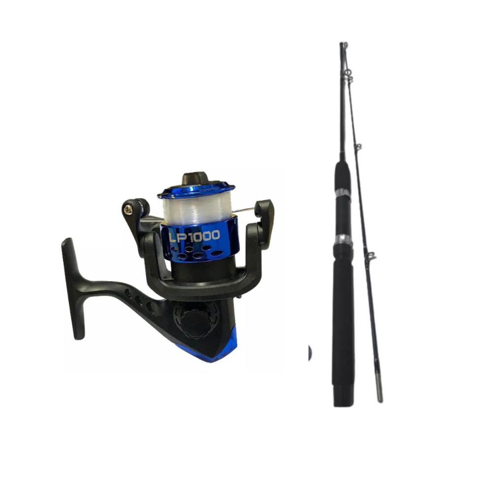 Kit Molinete De Pesca Lp1000 Azul - Albatroz com Linha + Vara de Pesca Pescaria Varas e Molinetes Esportes ao Ar Livre