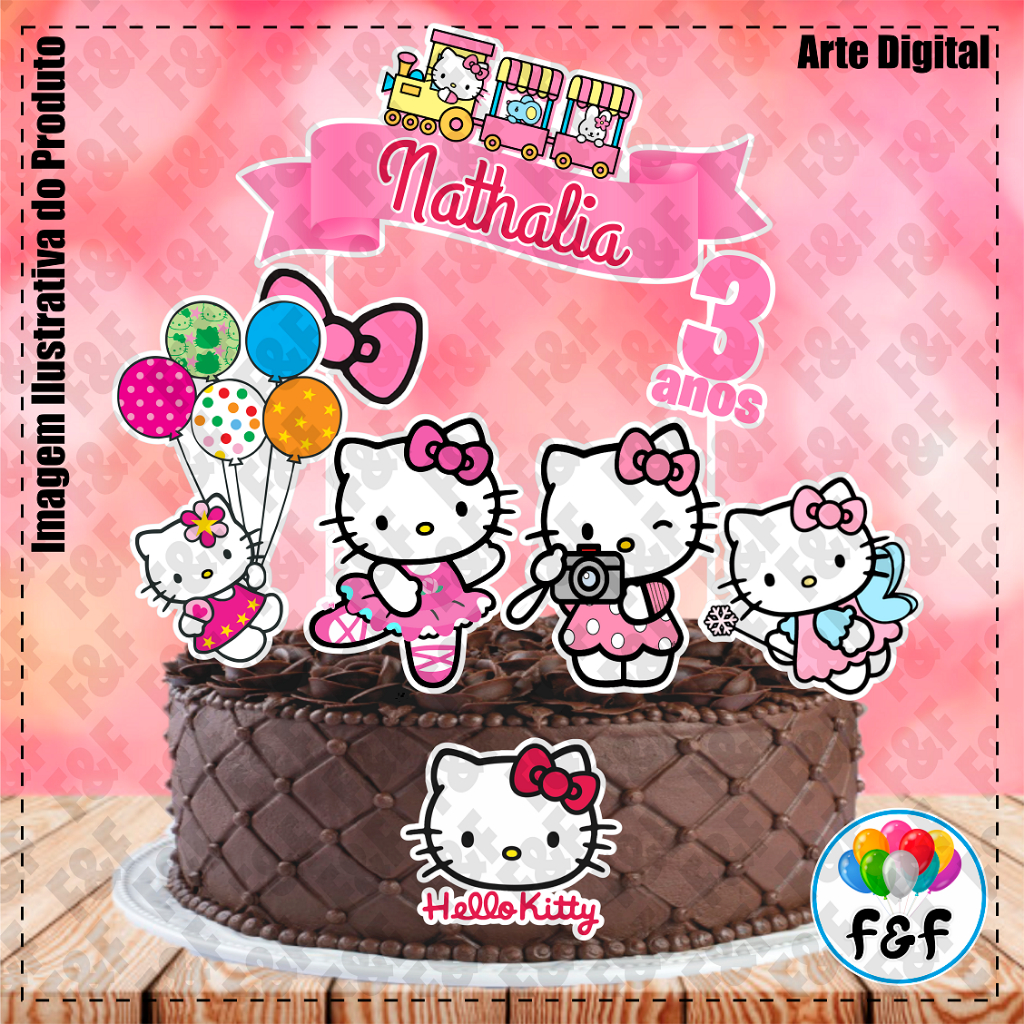 Topper Topo de Bolo Personalizado C/ Nome E Idade Hello Kitty