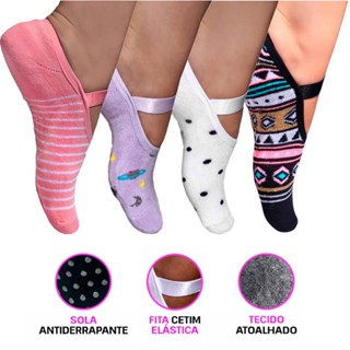 Kit C/6 Pares Meia Sapatilha Feminina Antiderrapante Pilates Yoga - Meias Sapatilhas