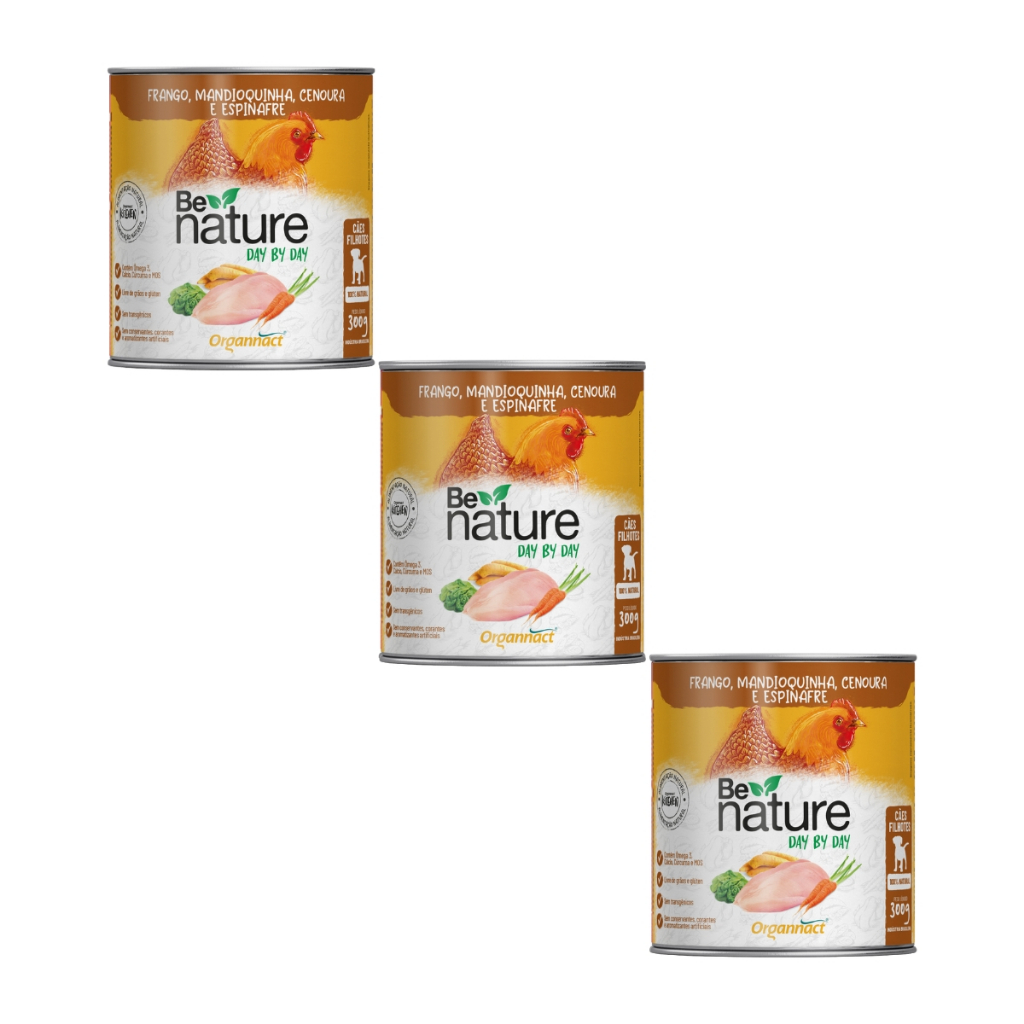 Kit 3 ALIMENTO ÚMIDO BE NATURE DAY BY DAY CAES FILHOTES 300G-FRANGO,MANDIOQUINHA,CENOURA E ESPINAFRE