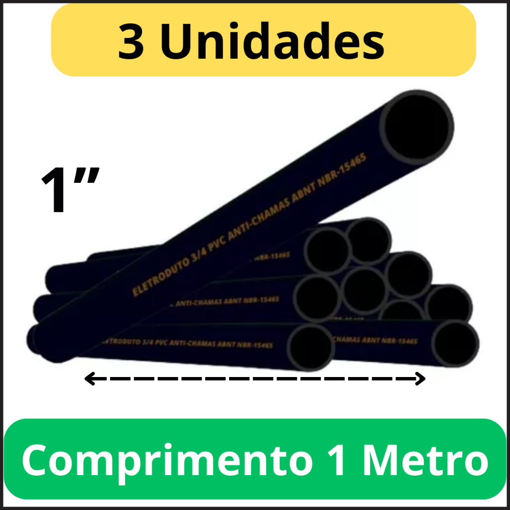 3 Unidades Conduite Eletroduto Preto de Sobrepor 1 Polegadas Barra 1 Metros Pvc Anti-Chamas