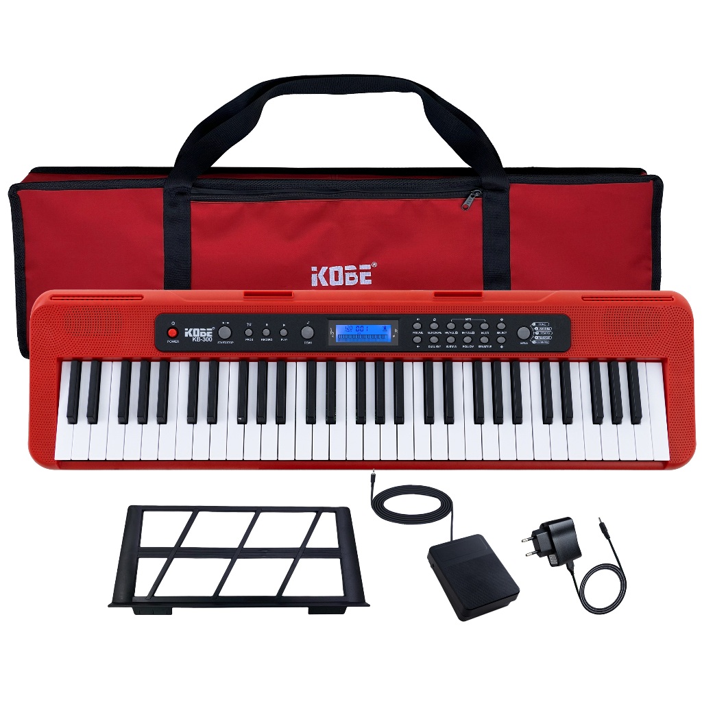 Kit Teclado Musical Kobe KB-300 5/8 Teclas com Sensibilidade incluso Pedal Sustain e Capa Vermelha