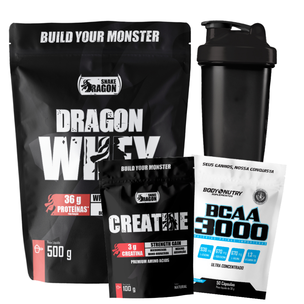 Kit Suplemento - Ganho de Massa - Dragon Whey 500g + BCAA 3000 50 Cápsulas + Creatina 100g + Coqueteleira 600ml