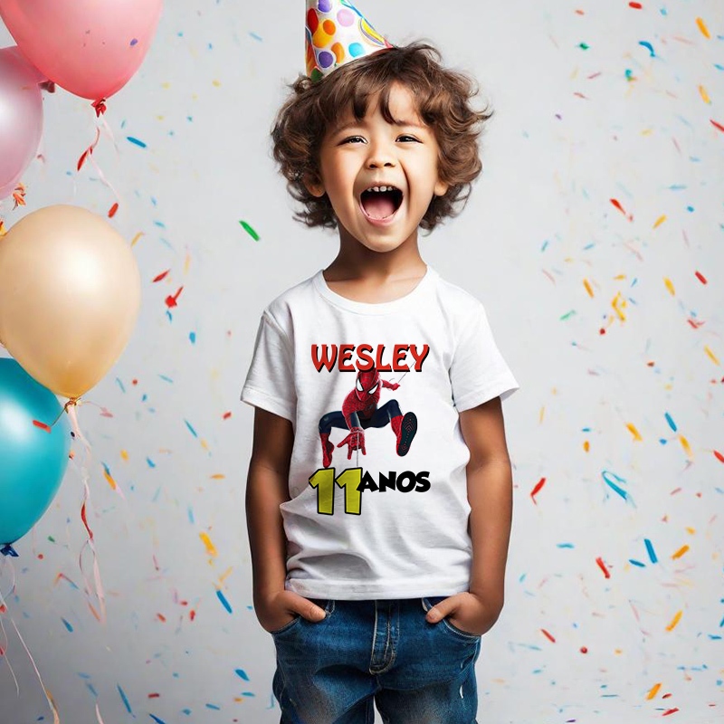 Camiseta Homem Aranha Personalizada Heróis Marvel Diversão Desenhos Menina e Menino Aniversário