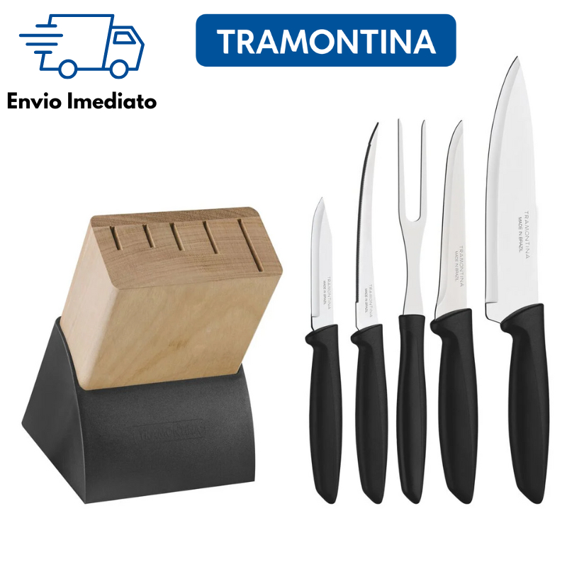 Jogo De Facas 6 Peças Tramontina Plenus Com Suporte e Cabo Preto