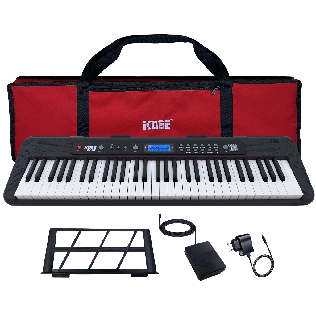 Kit Teclado Musical Kobe KB-300 5/8 61 Teclas Sensitivas ao Toque com Pedal Sustain e Capa Vermelha