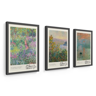 kit 3 quadros Claude Monet, 33x45 cm, moldura em madeira e vidro, signature, arte em Oferta na Shopee