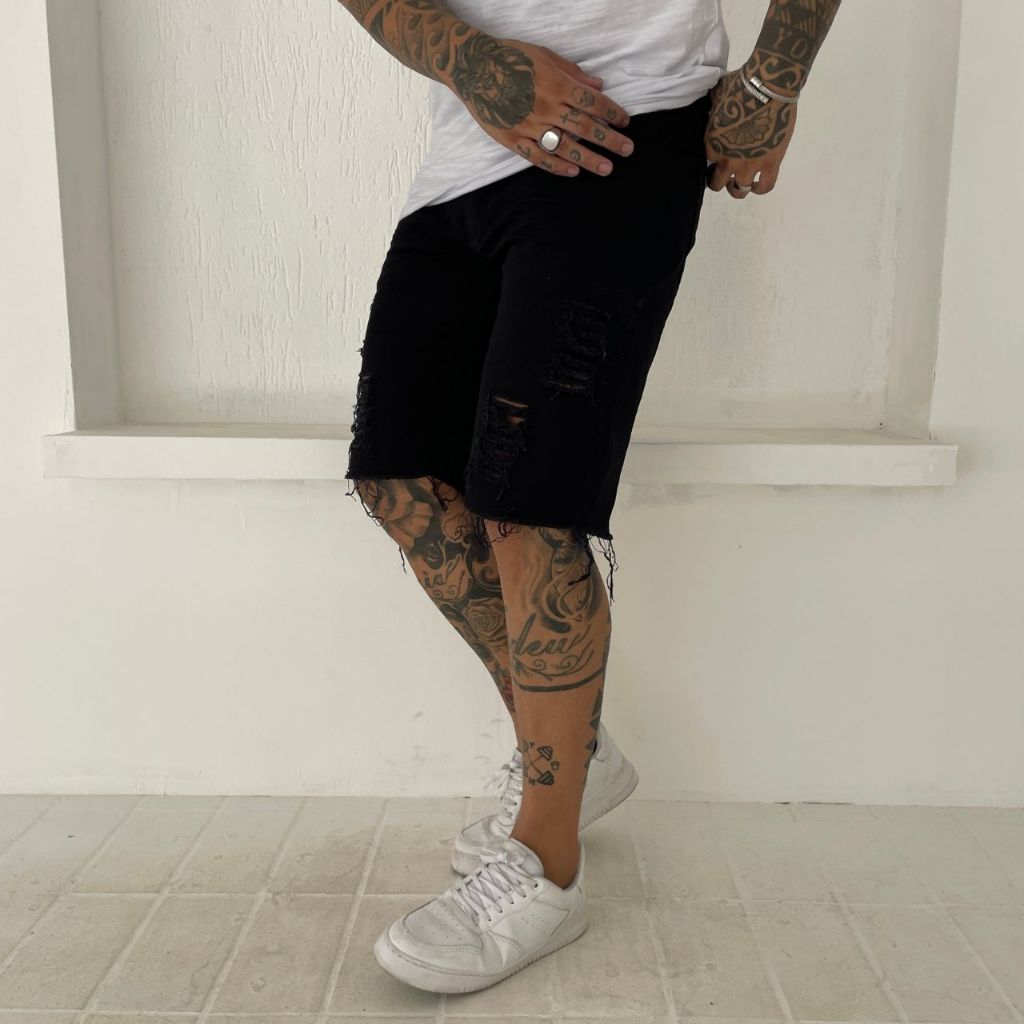 Bermuda Rasgada Jeans Masculina  Preta Premium