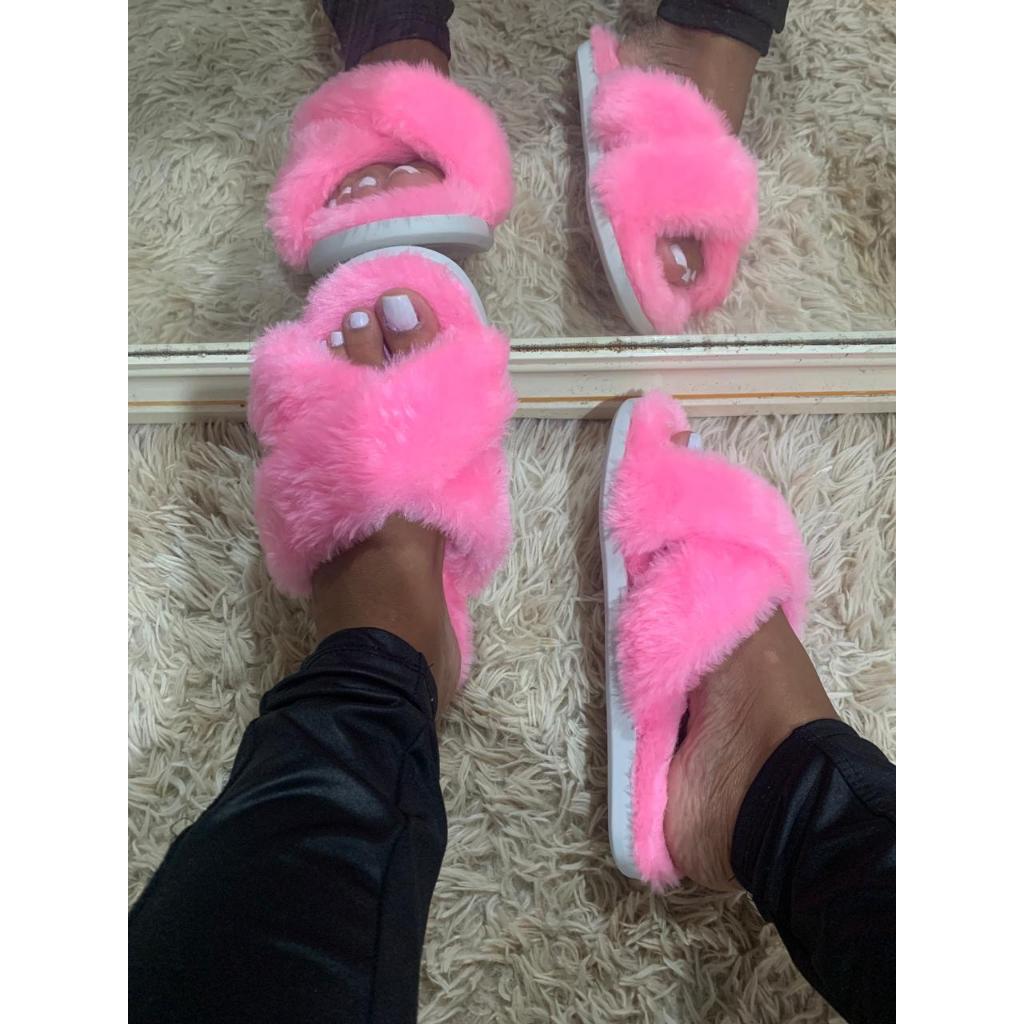 Pantufa Feminina Pelúcia Slide Chinelo de Quarto Chinelo de pelo em X Macio Antiderrapante