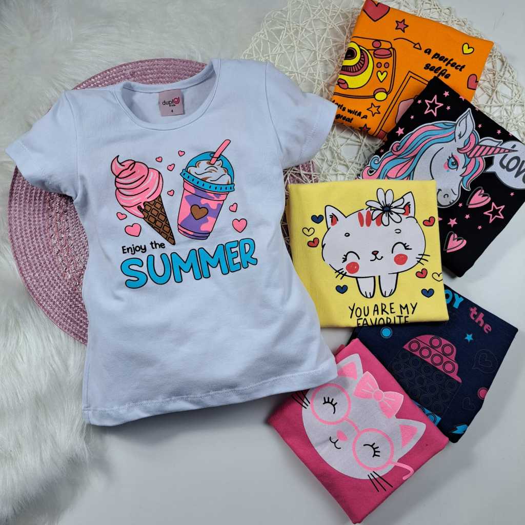 Kit 3 Blusas Femininas Infantil Menina Verão Cores e Estampas Sortidas