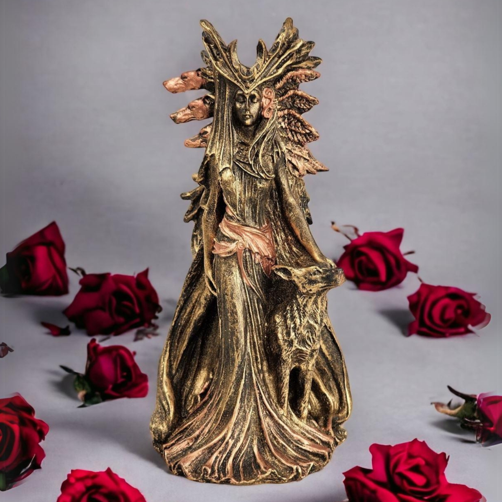 Estatueta Deusa Hecate com Lobo Wicca Imagem Estatua Resina