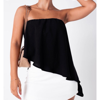 Blusa feminina tomara que caia assimétrica crepe duna
