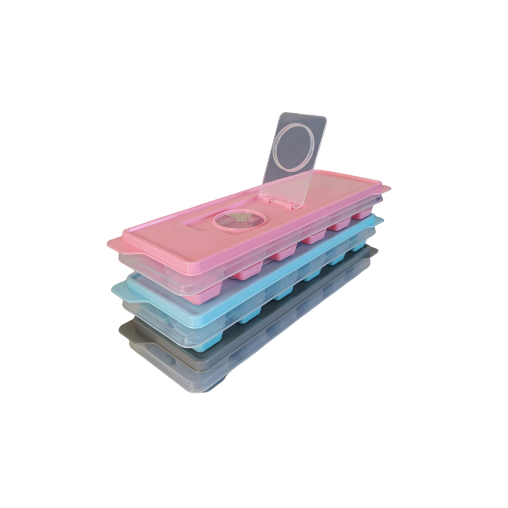 Kit 3 Forma de Gelo com Tampa Fundo em Silicone com Tampa de Aba Enche Fácil Resistente