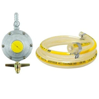 Kit Mangueira e Regulador Gás 1,25m com Saída e Regulador 506/01 - 2Kg Pressão, Aliança Segurança