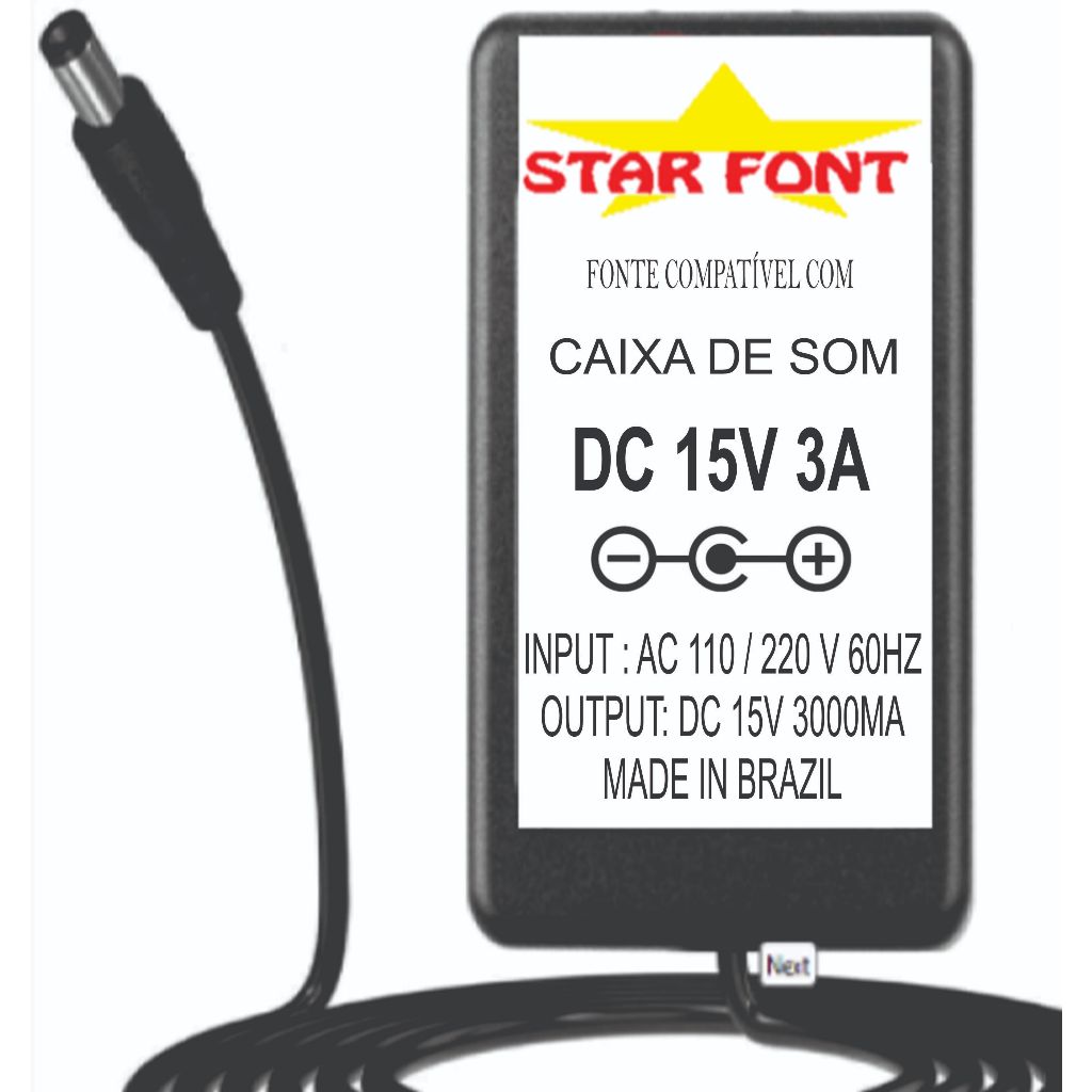 Fonte Carregador DC 15V 3A Para Caixa Amplificada Oneal