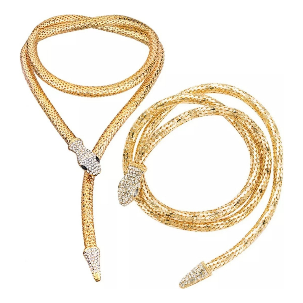 Colar Cobra Serpente Pulseira Brilhante Gargantilha Cinto Dourado Prata Strass Luxo