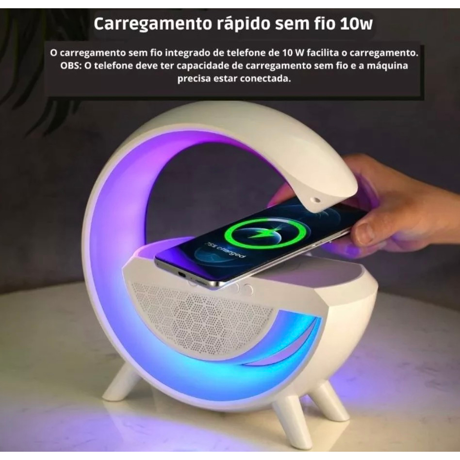 Caixa Som Luminária G Led Rgb Carregador Celular Indução