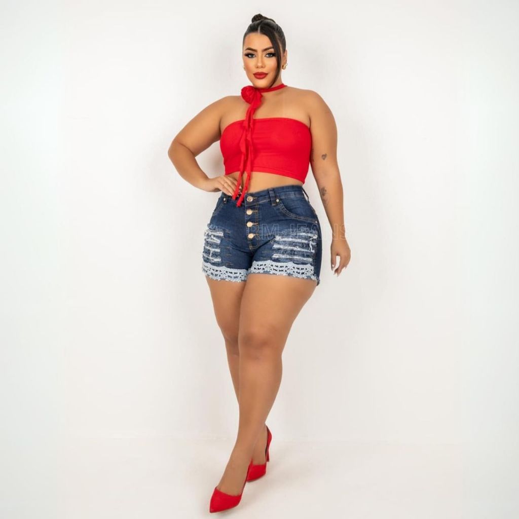 short jeans feminino plus size com Lycra ( azul escuro c/ rendinha) em Oferta na Shopee
