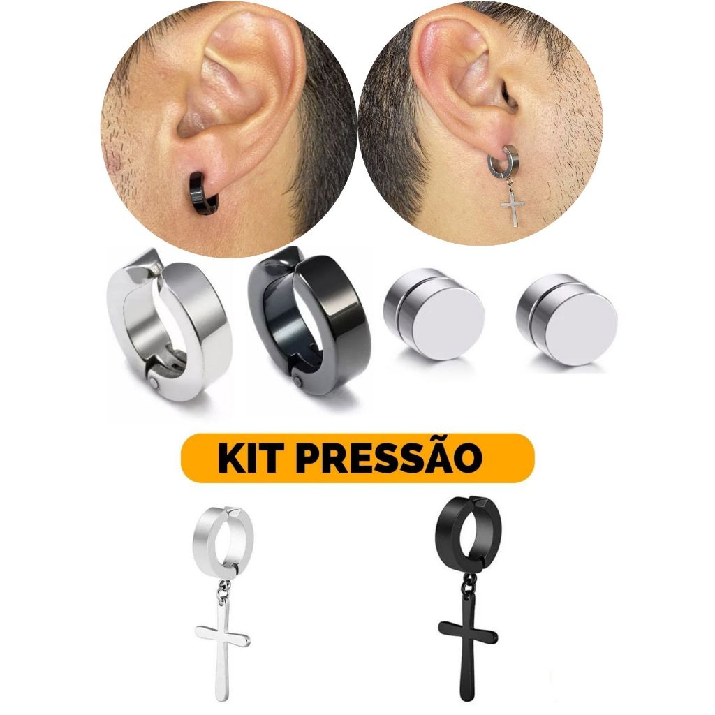Kit Brinco Pressão Magnético Argola Falso Alargador Ímã Preto Prata Masculino Feminino Aço Inox 6pçs