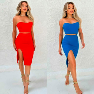 Conjunto Cropped e Saia Midi Com Fenda Anarruga Canelado Feminina Anarruga Cola baixa Estampado Moda Blusa de Frio Algodão Casual Estampa Estilo Combinando