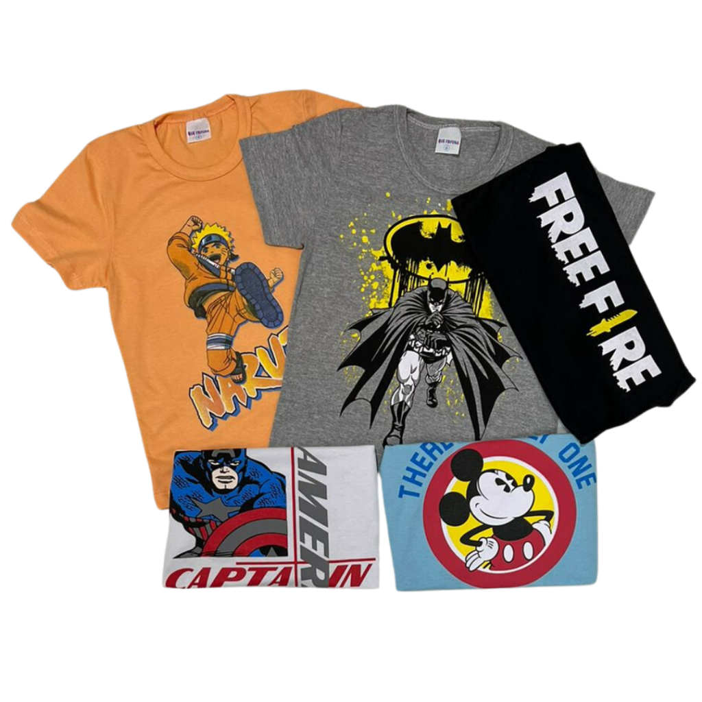 Kit Sortido 04 Camisetas  Estampadas Masculino/Menino  Do 03 ao 16 Anos Verão