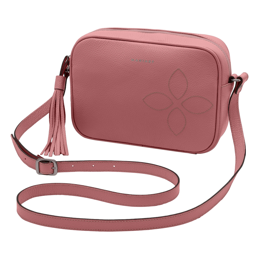 Bolsa Feminina Transversal de Couro Bovino Legítimo C/ Bordado Frontal Mariart Calêndula