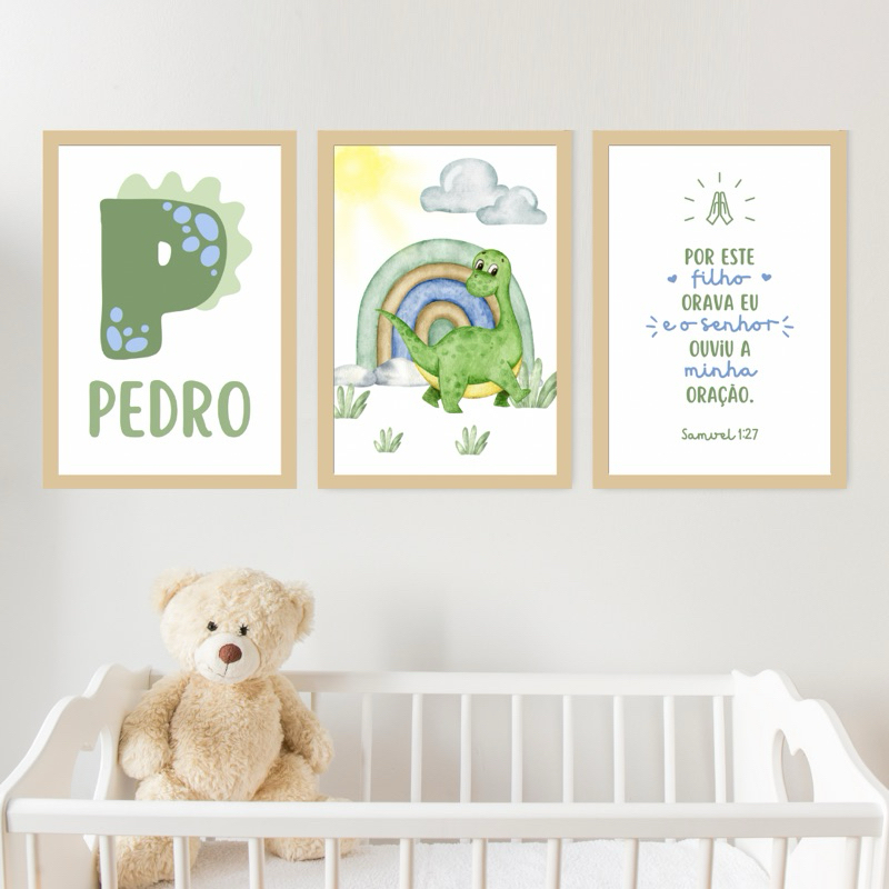 Kit 3 Quadros Decorativos Infantil Personalizado Nome Bebê Para Quarto Ou Porta Maternidade Dino
