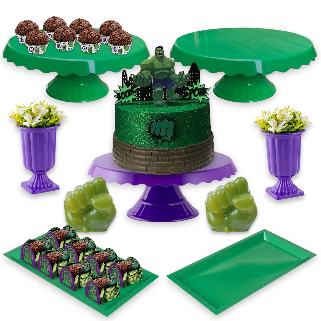 Kit Festa Hulk - 3 Boleira Slim + 2 Bandeja Retangular 31x19 + 2 Mão Do Hulk Decorativa - Festa - Decoração Novo