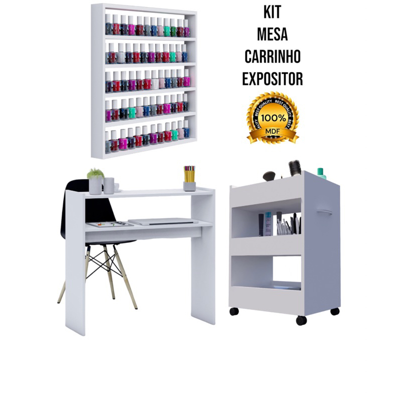 Kit Mesa Manicure Carrinho Auxiliar Expositor De Esmaltes 100% MDF Premium