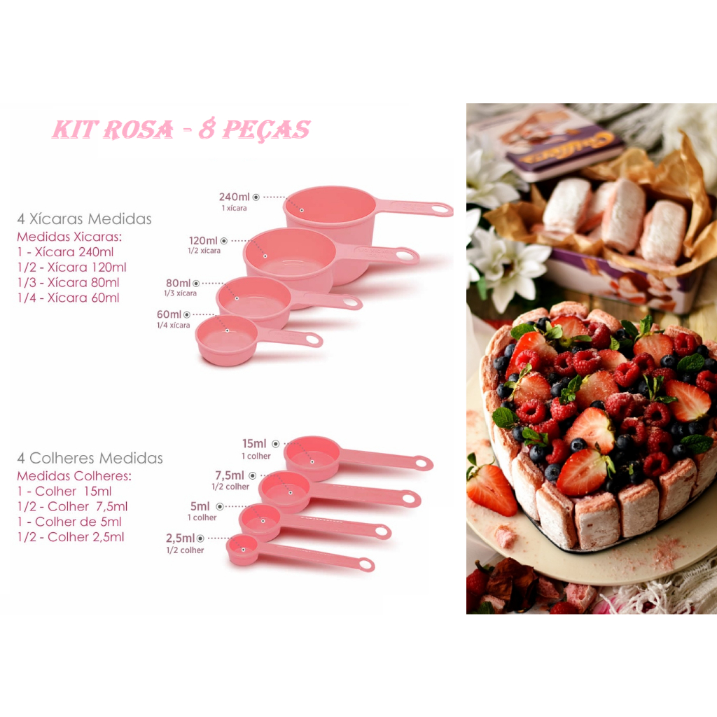 Conjunto de medidores Xícaras e Colheres Rosa - 8 Peças Gourmet