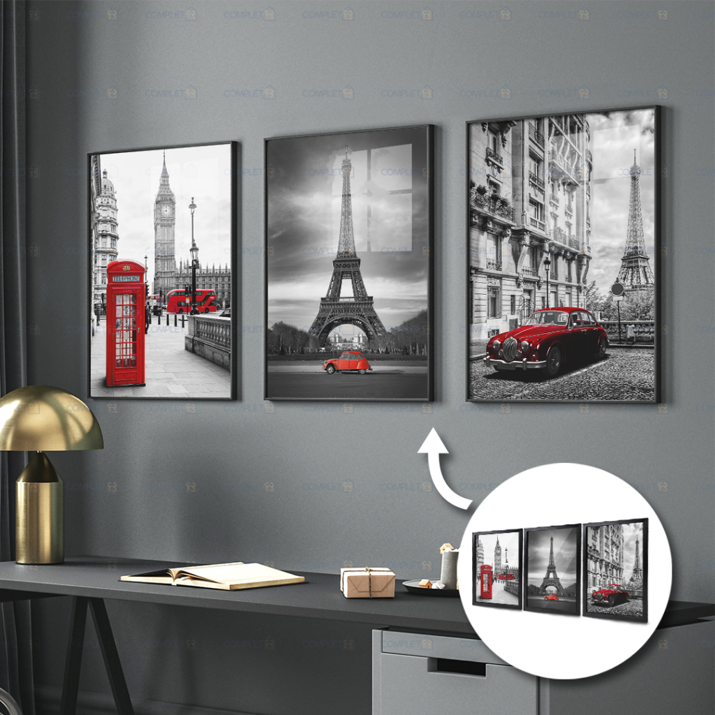 Quadros Londres Preto com Vermelho Cabine de Telefone Torre Eiffel e Carro moldura e vidro