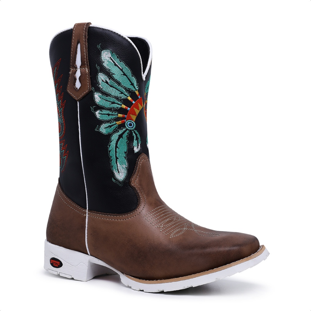 Texana Masculina Sola Branca Bico Quadrado Botina Bota Country Cano Medio Bordado Cocar Indio Texas