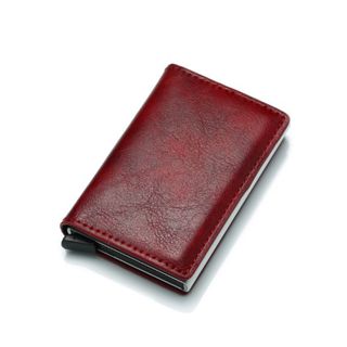 Mini Slim Alumínio Auto POP Up Carteira Para Unissex Porta Cartão De Couro PU Rfid Castanho avermelhado