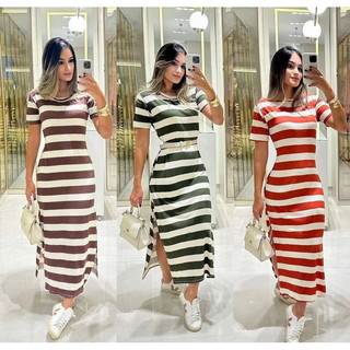 Vestido Feminino Midi tecido viscoleyca listrado manga curta moda evangélica