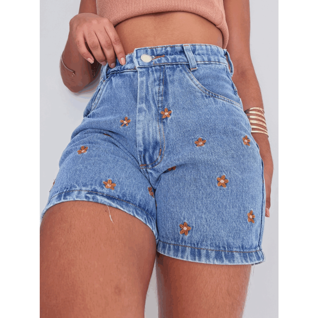kissmelady 8201 Shorts jeans Moda Verão Moda Feminina lisa sem rascada  com bordado