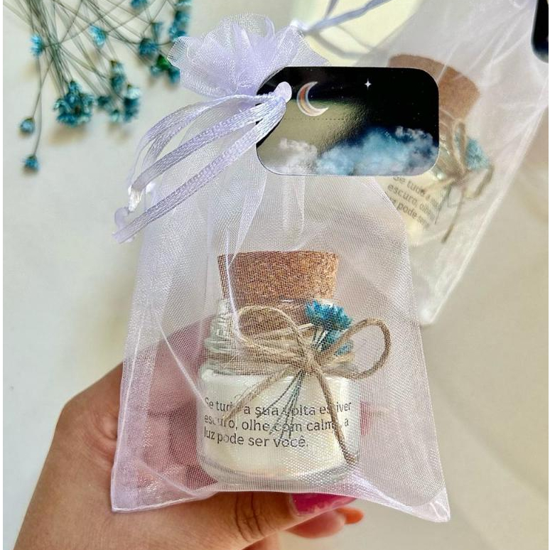 kit 20 LEMBRANCINHA DE CASAMENTO-  VELA RÚSTICA COM FLOR SEMPRE VIVA NO SAQUINHO DE ORGANZA + TAG