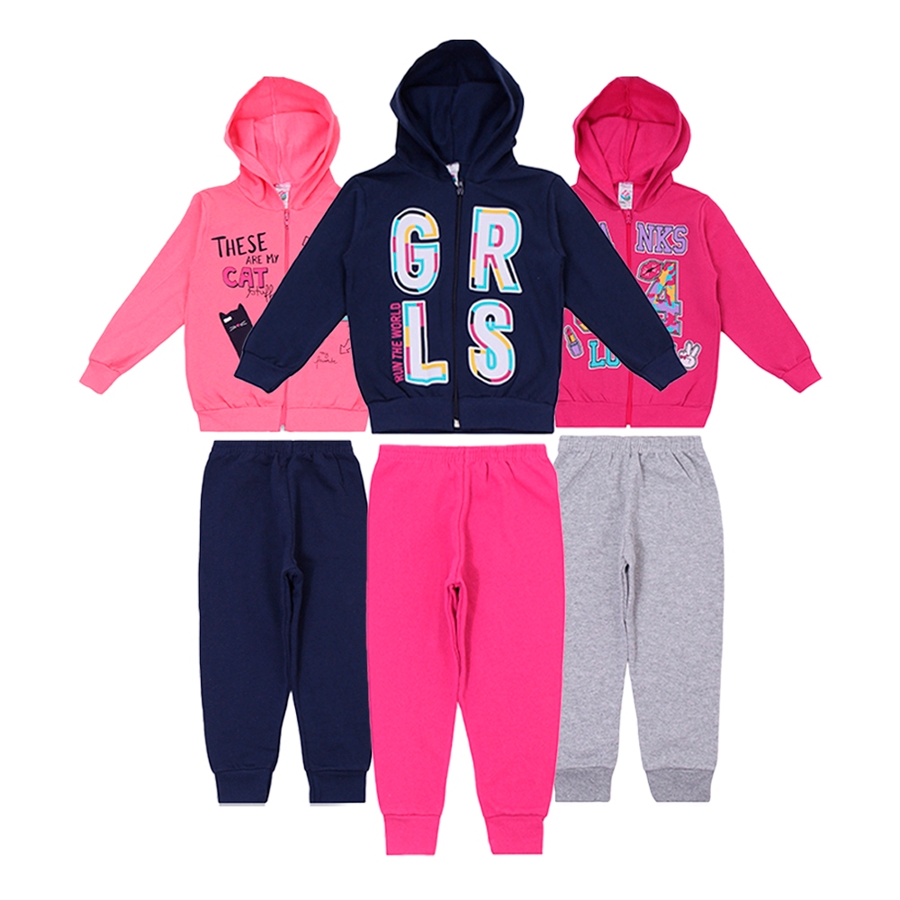 Combo 6 Peças Infantil Moletom com ZÍPER Inverno Outono Tamanhos 1 ao 8 Anos Conjunto Feminino Longo
