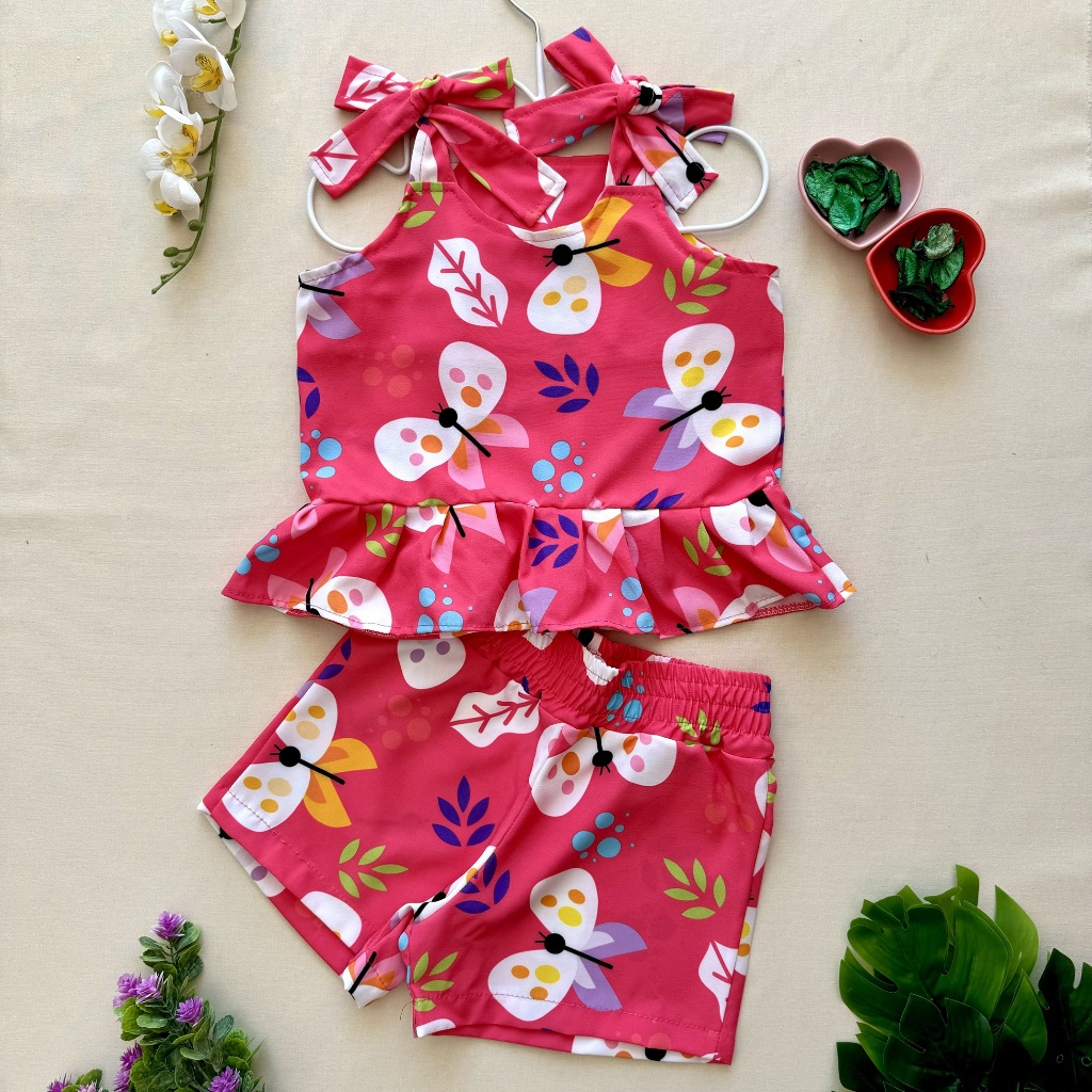 Conjunto roupa infantil meninas modinha criança estampado rosa borboleta feminina blusa babado alça amarrar
