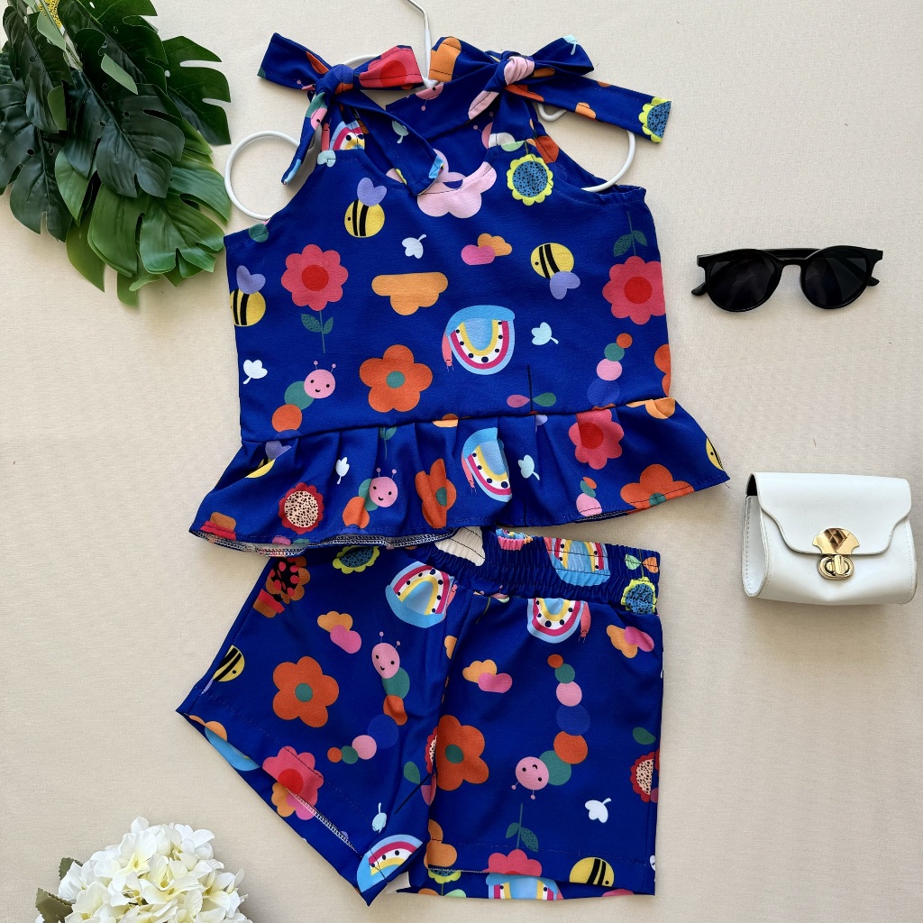 Conjunto de roupa infantil feminino modinha criança meninas azul estampado flores babado alça de amarrar