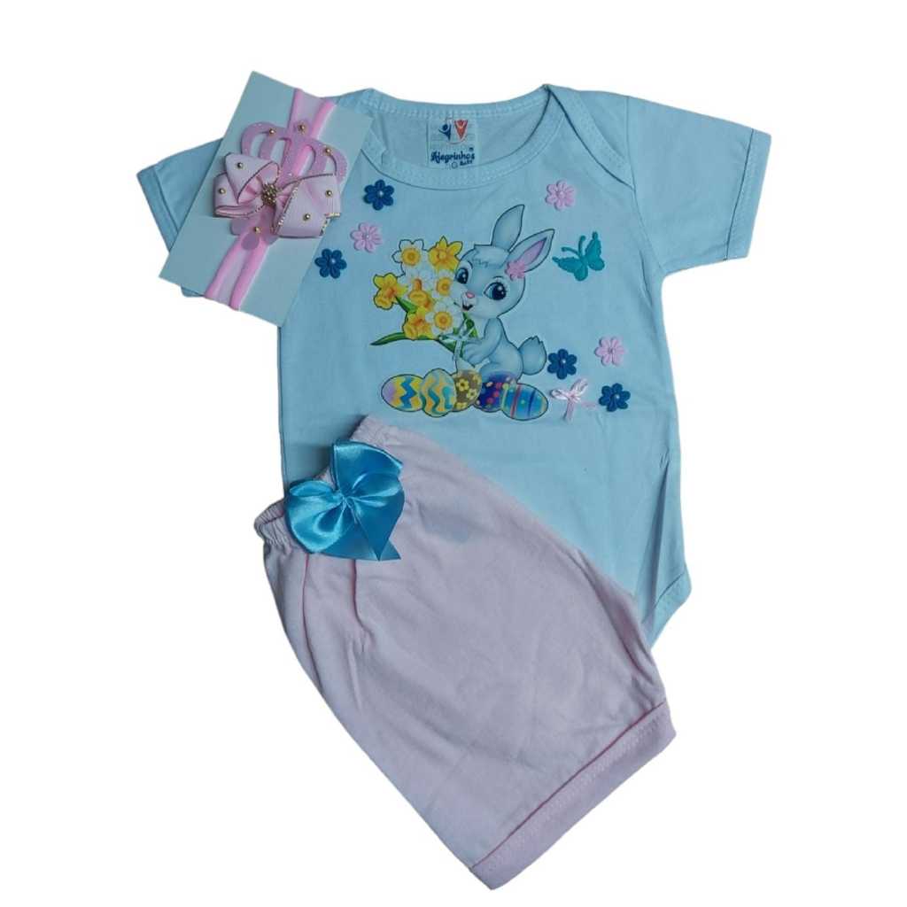Conjunto Mesversário Páscoa Roupa Bebê Menina Body Coelhinha, Short e Laço