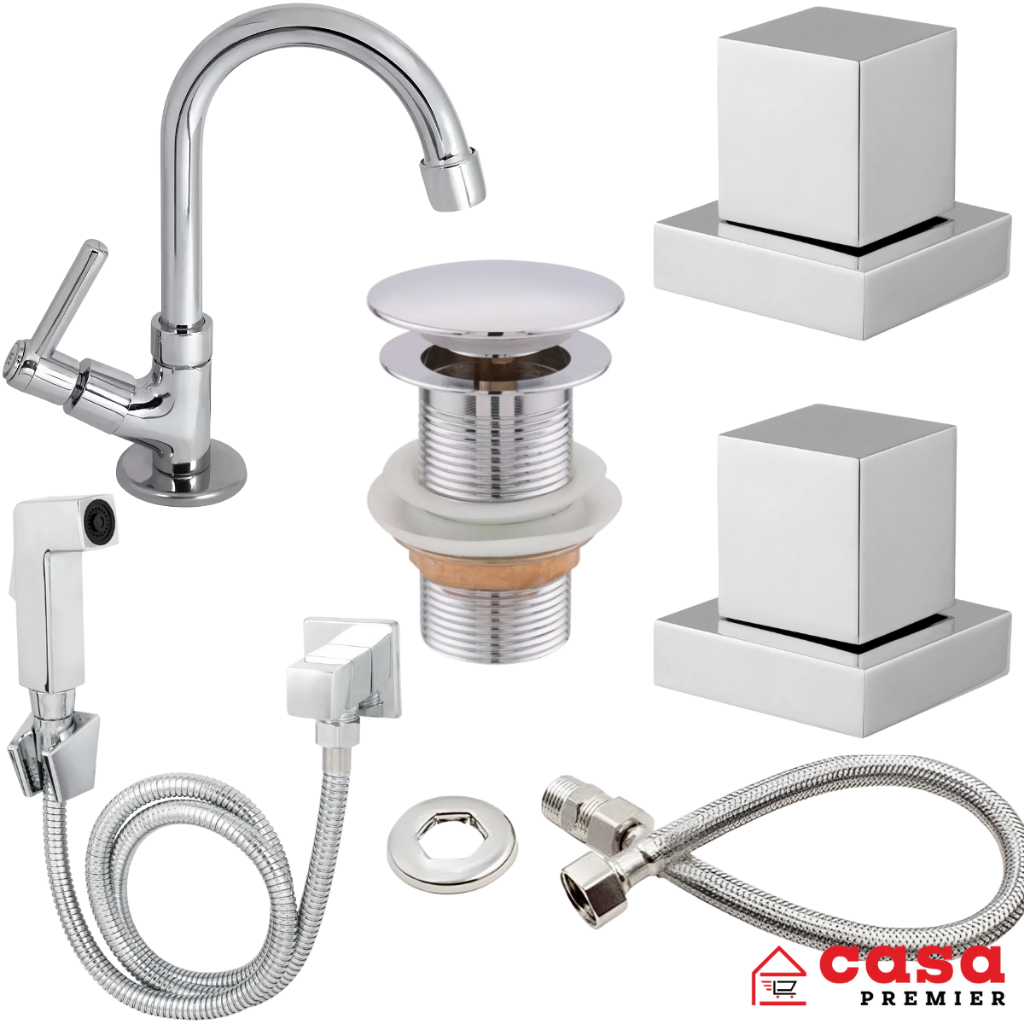 Kit Banheiro Lavabo Completo Cromado Torneira Engate Inox 60cm Acabamentos Para Registro Chuveiro 1/2 ou 3/4 Polegadas Válvula Click Válvula Click 100% em Metal 1" 1/4