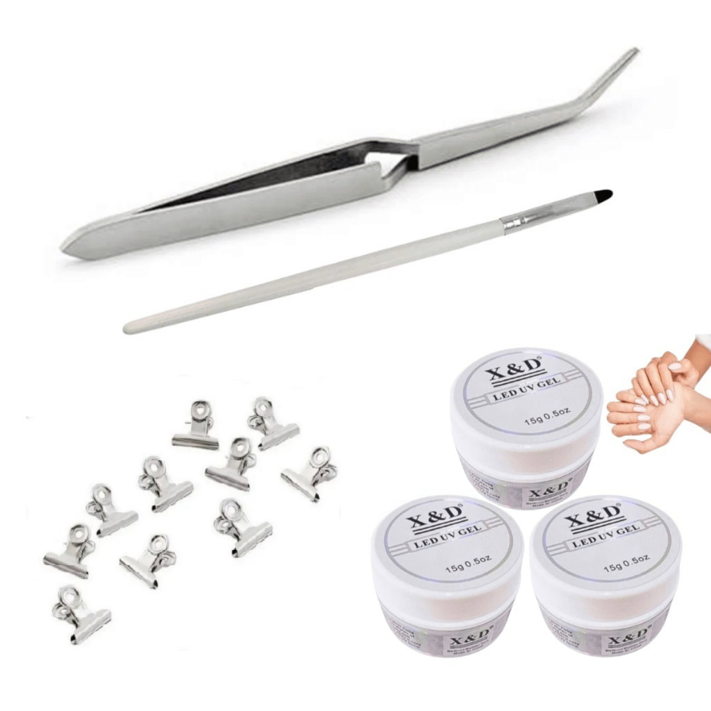 KIT 3 Gel 15g X&D Original C/Anvisa + 6 Presilhas + Pinça de Curvatura Tamanho Médio + Pincel Alongamento Unha Gel Fibra em Oferta na Shopee