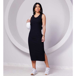 Vestido Canelado Midi (meia canela) - Casual Básico Modelador Sem Manga