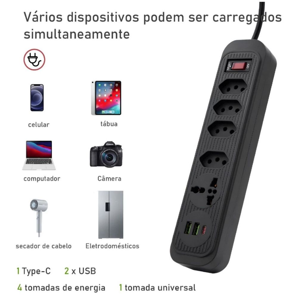 Extensão 4 Tomadas 2 USB 1 Type-C E Tomada Universal 1 Universal Bivolt Power 110v/220v 2m