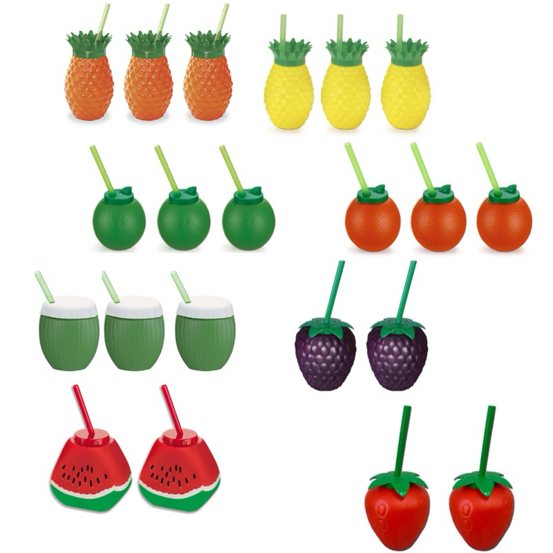 Kit 21 Copos Formato de Fruta Com Canudo Festa Tropical Pool Party