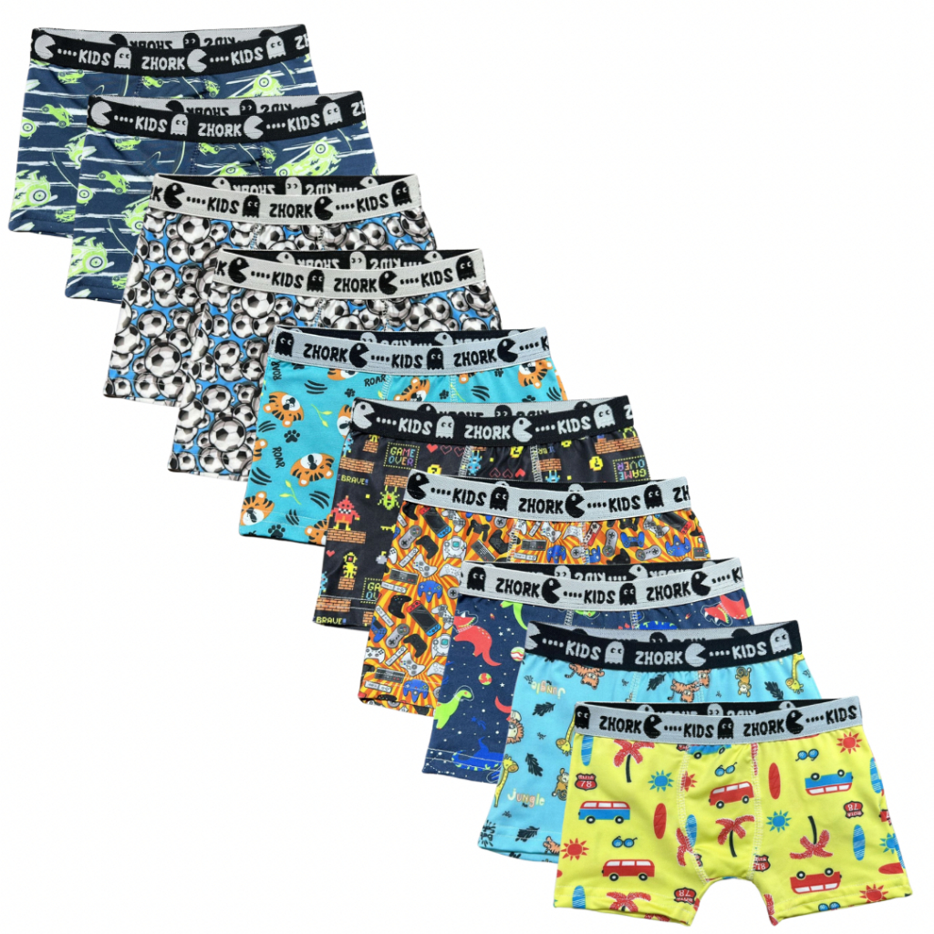 Kit 10 Cuecas Box Microfibra Forro 100% algodão 4 ao 8 Boxer Infantil Estampas Sortidas