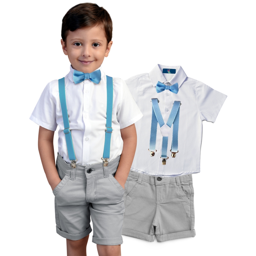 Roupa Infantil Social Menino Bebê Batizado Festa Casamento Bermuda Cinza Gravata e Suspensório
