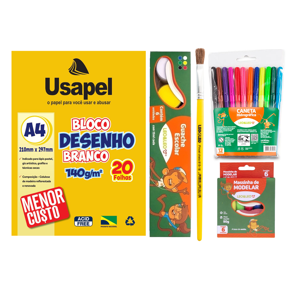 Kit Arte Bloco de Desenho + Guache + Pincel + Canetinha + Massinha
