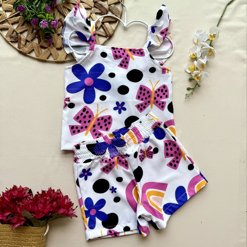 Roupa infantil conjunto menina feminino criança colorido estampado manga babado laranja ou branco com rosa e roxo borboletas raposa