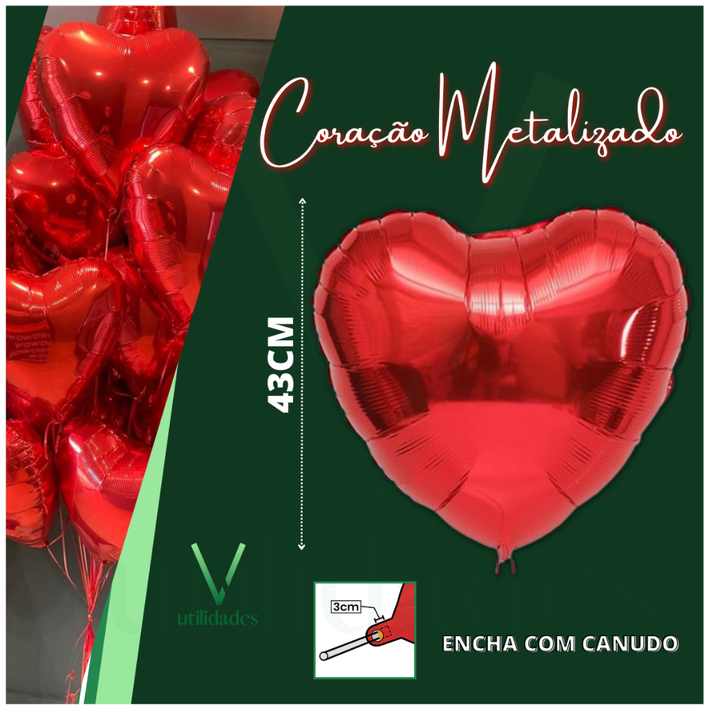 Detalhes do Kit Romântico 10 Balões Coração Metalizado + Balão Te Amo